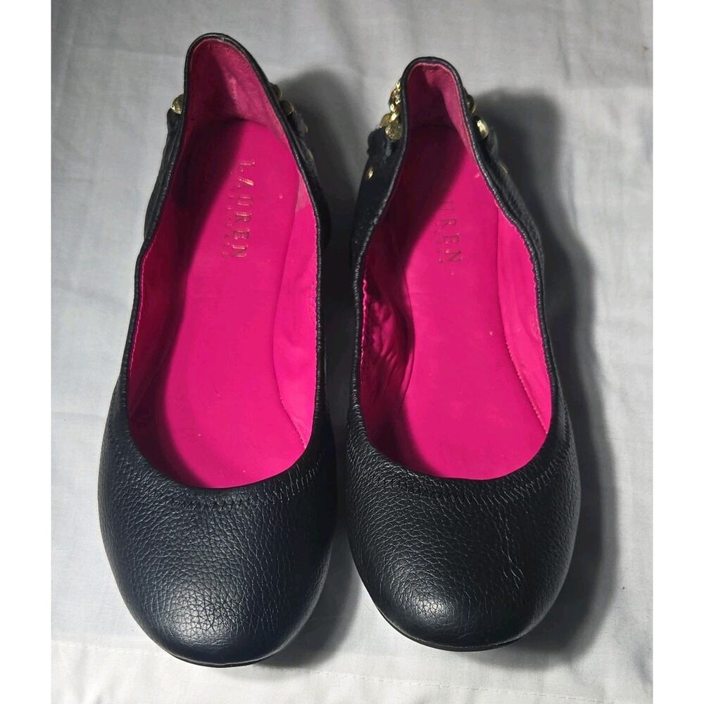 Lauren Ralph Lauren Black Leather Chain Slip-On Ballet Flats 9B Round Toe Women